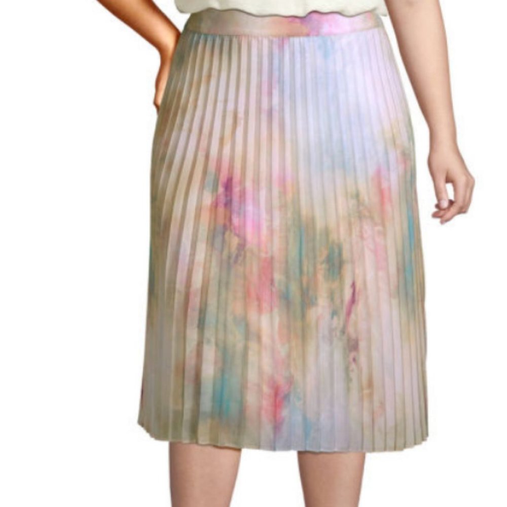 High Waisted Midi Pleated Skirt Pastel Rainbow Women NWT Tiedye Beach Summer